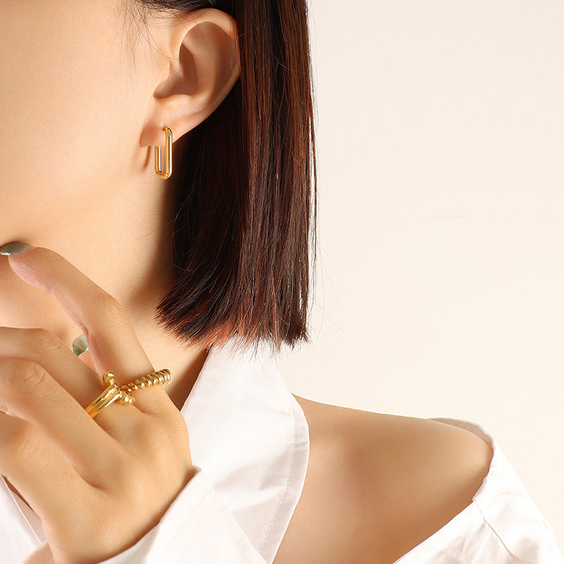 Titanium Steel Geometric Huggie Earrings Gold Rectangle One Size