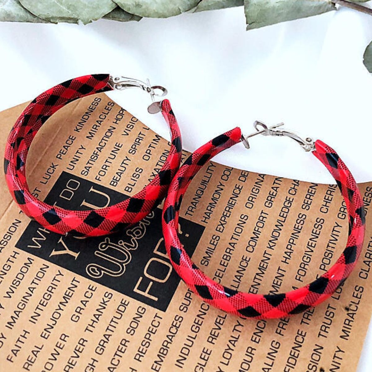 Plaid PU Leather Hoop Earrings Red One Size