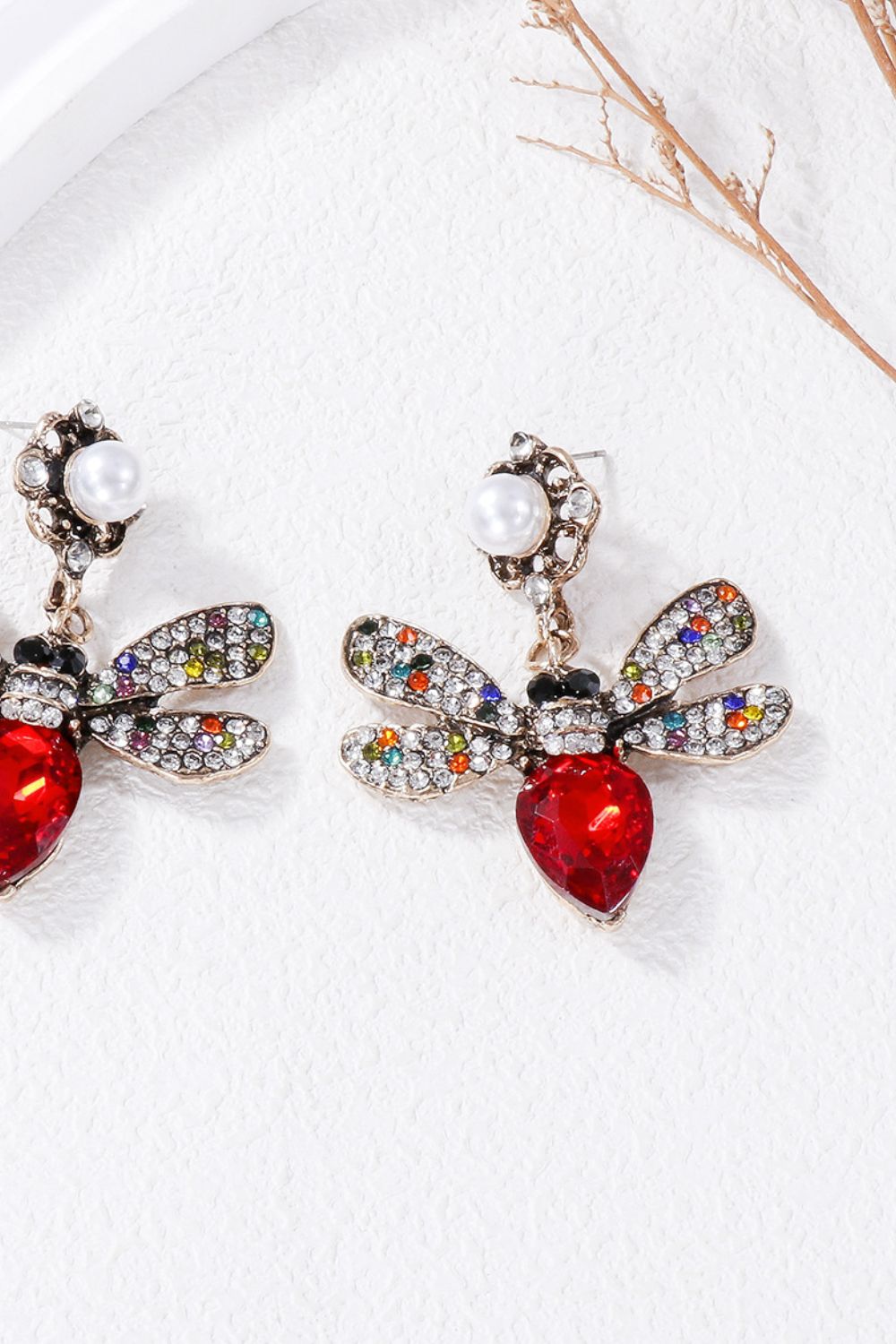 Natural Stone Bee Dangle Earrings Red One Size