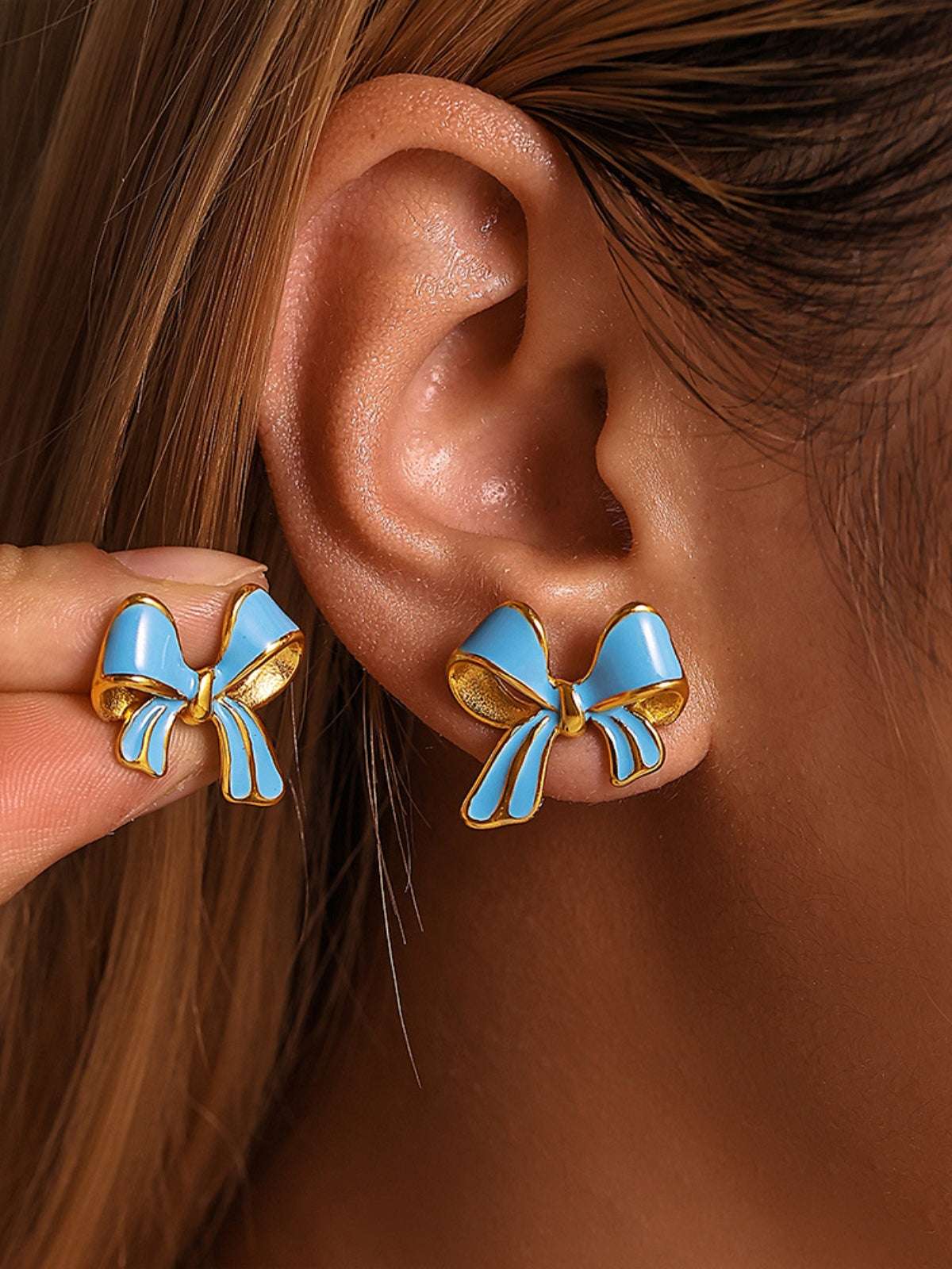 Stainless Steel Oil Drip Bow Stud Earrings Sky Blue One Size