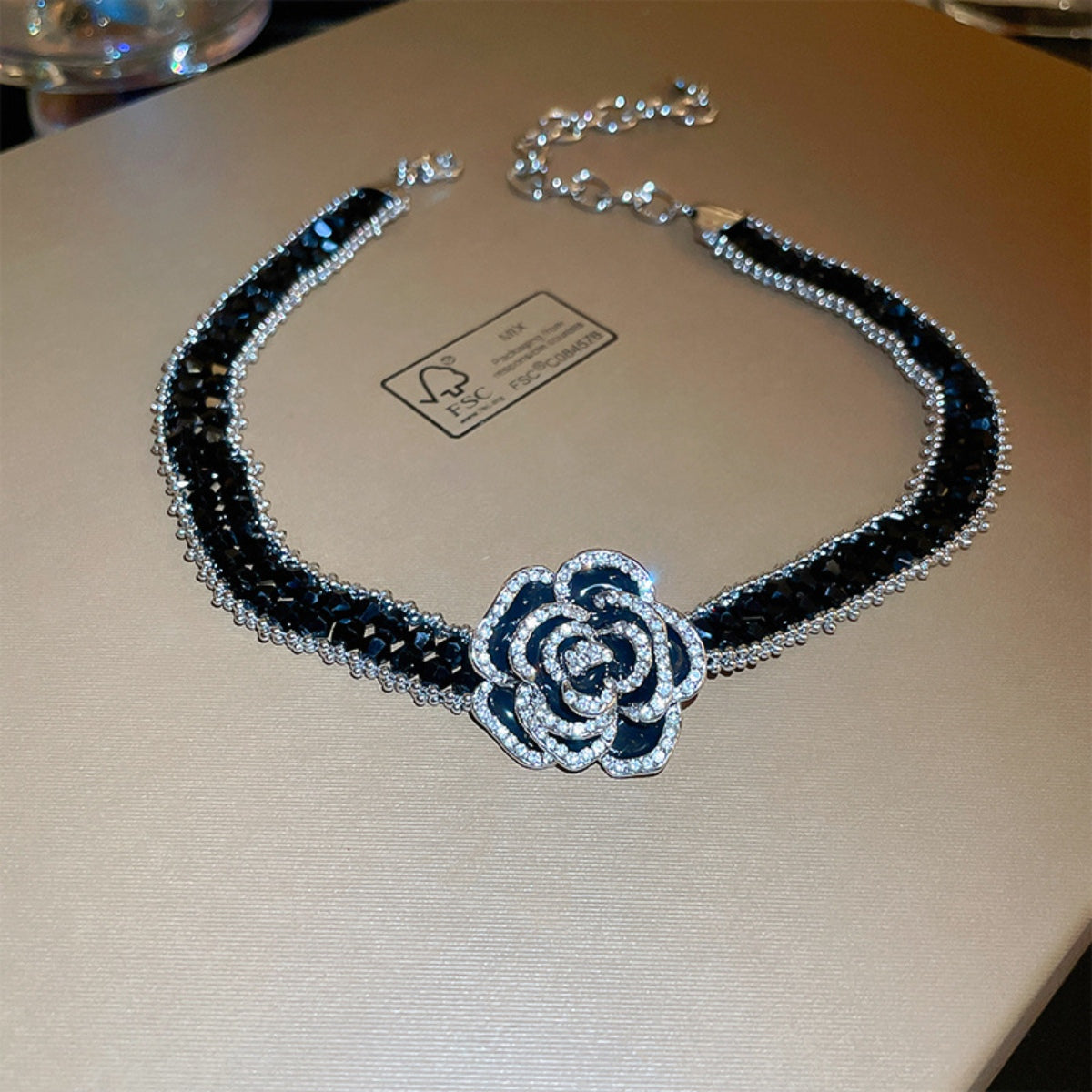 Alloy Crystal Rose Necklace Black One Size