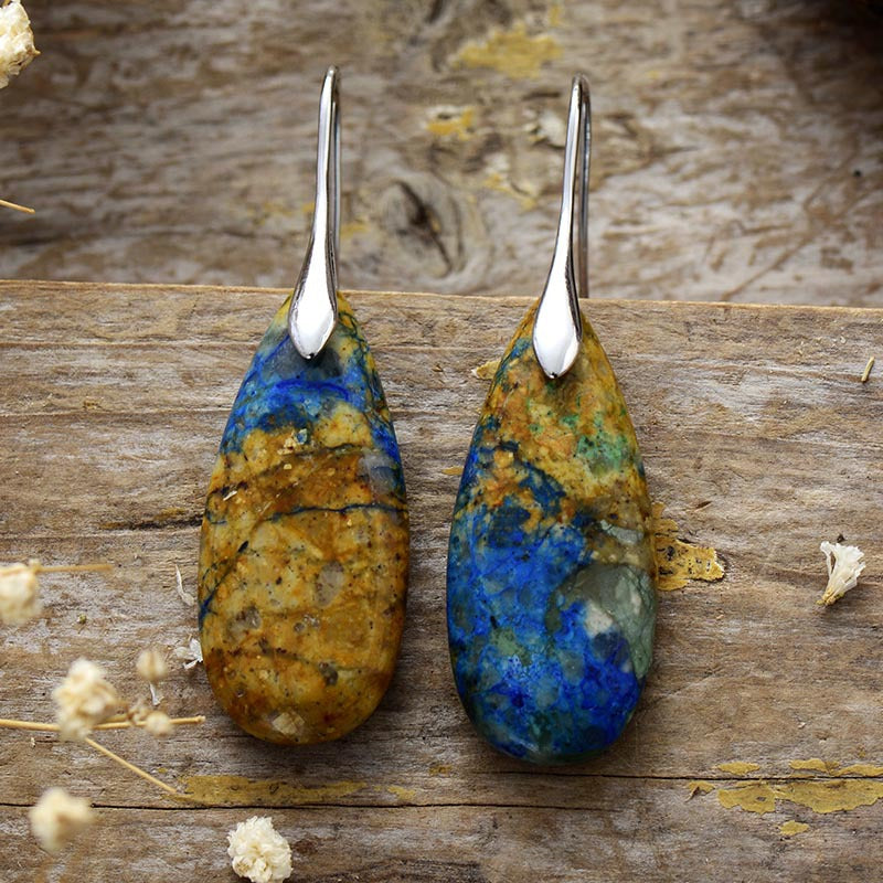 Teardrop Shape Natural Stone Dangle Earrings Blue Brown Silver One Size