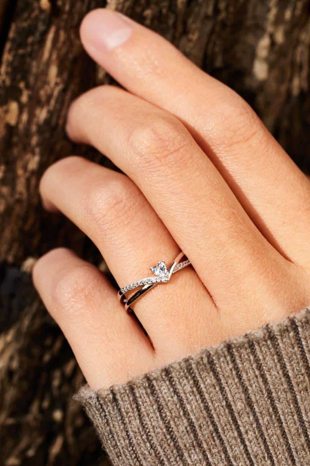 925 Sterling silver Inlaid Zircon Heart Open Ring Silver 7
