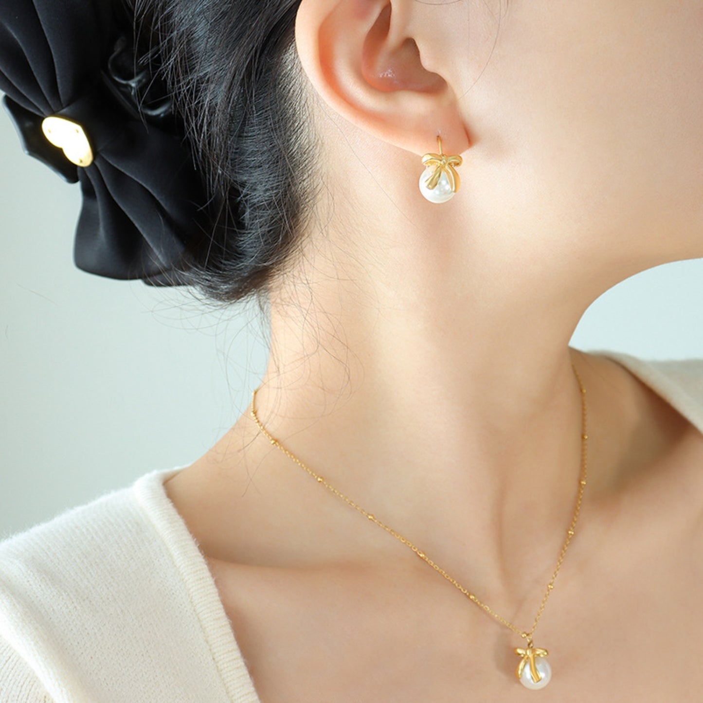 Titanium Steel Bow Drop Earrings Gold One Size