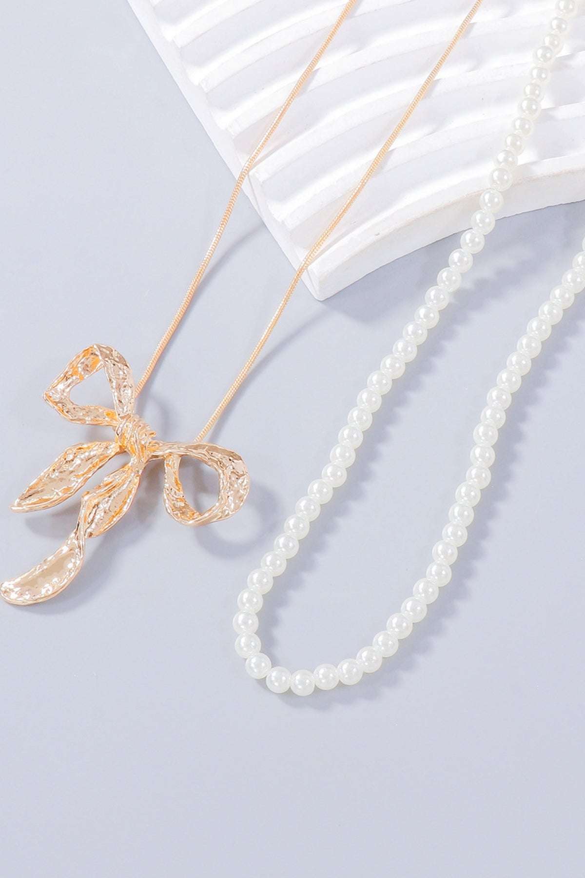 Synthetic Pearl Necklace, Bow Necklace and Bow Earrings Jewelry Set