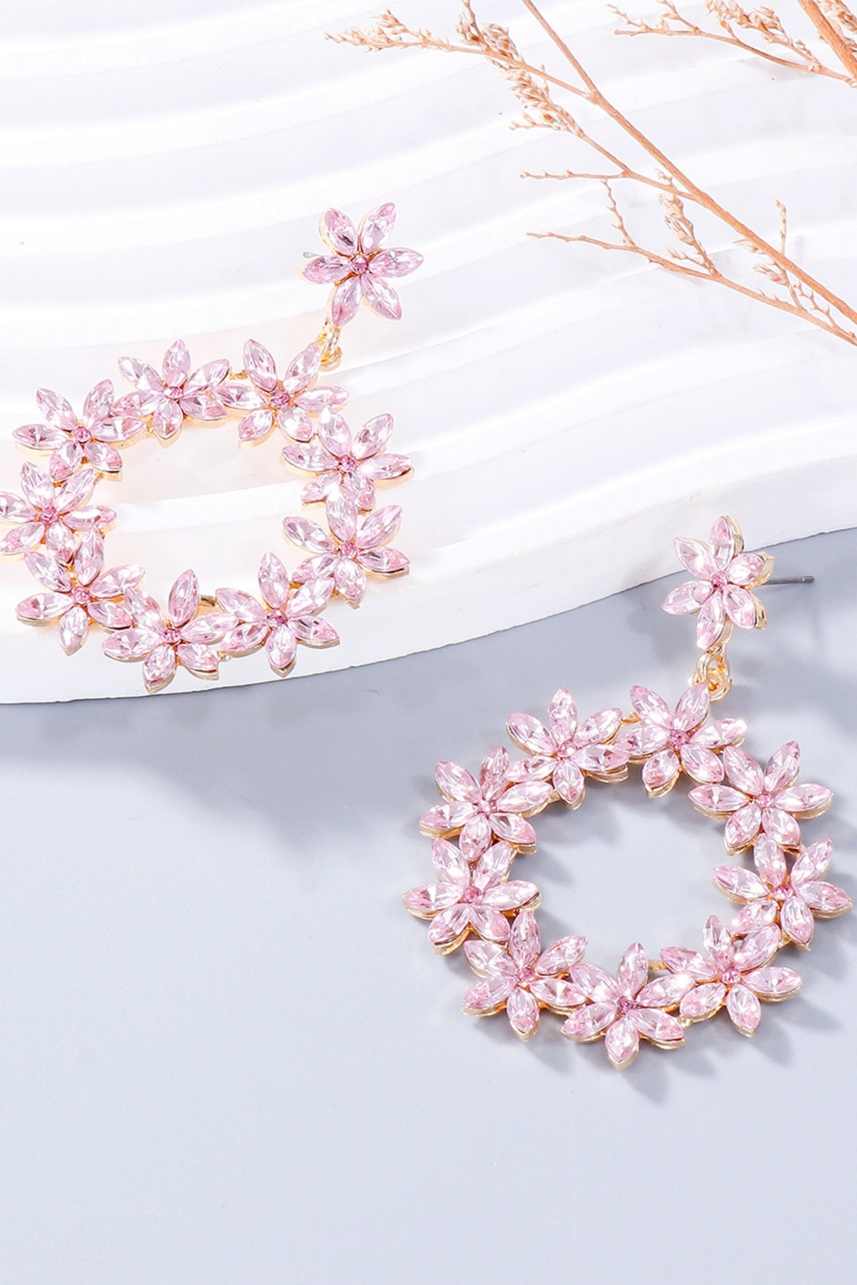 Rhinestone Flower Dangle Earrings Blush Pink One Size