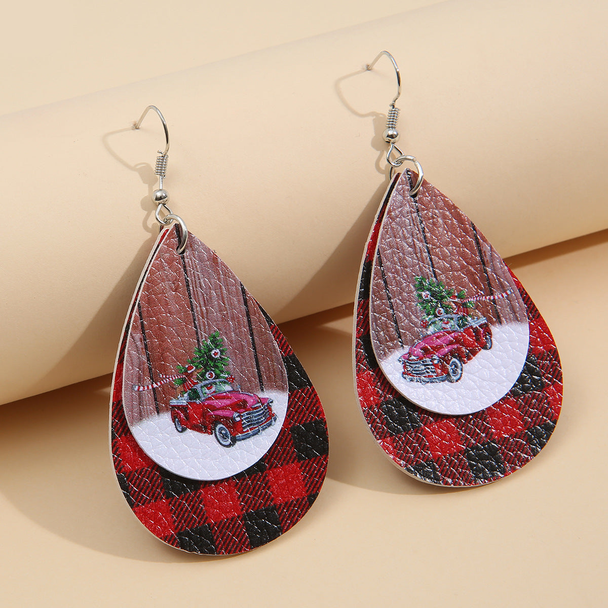 PU Leather Plaid Teardrop Earrings Scarlet One Size