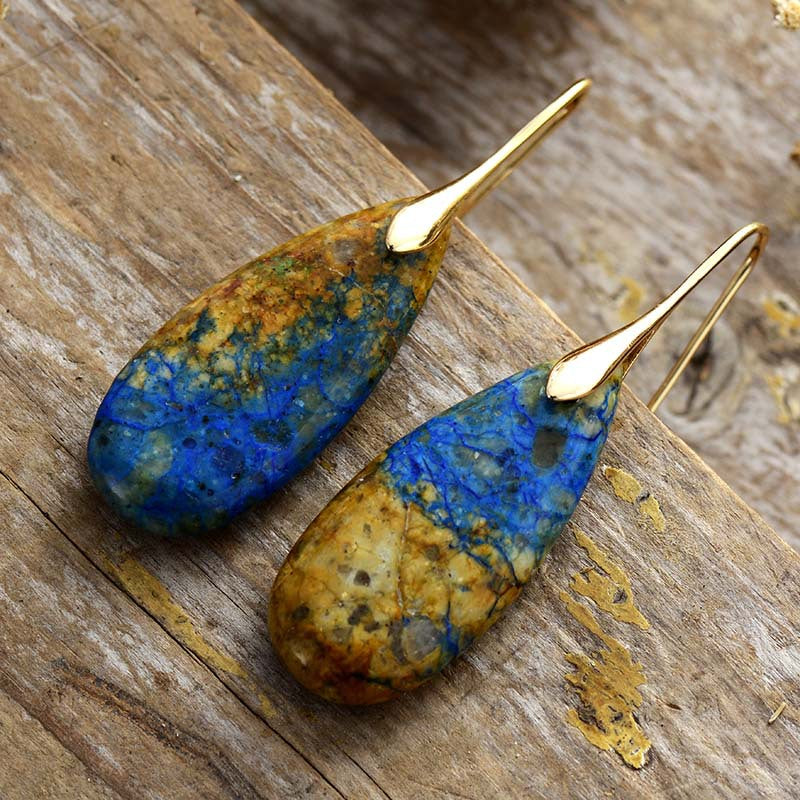 Teardrop Shape Natural Stone Dangle Earrings Blue Brown Gold One Size