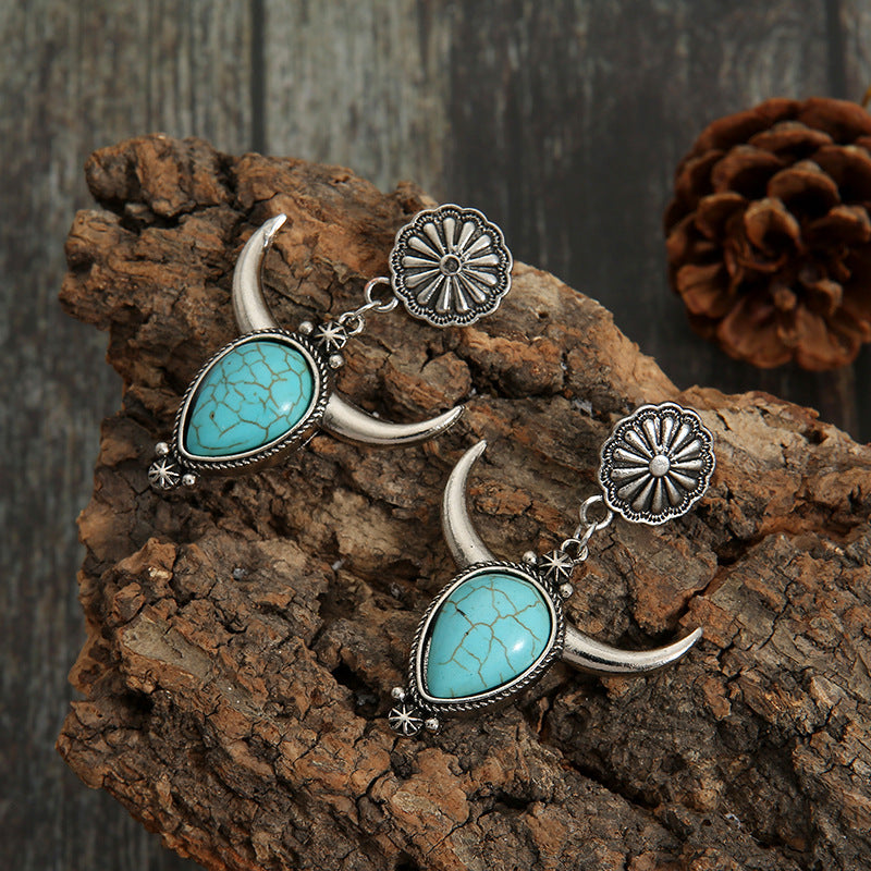 Artificial Turquoise Alloy Cow Head Earrings Silver One Size