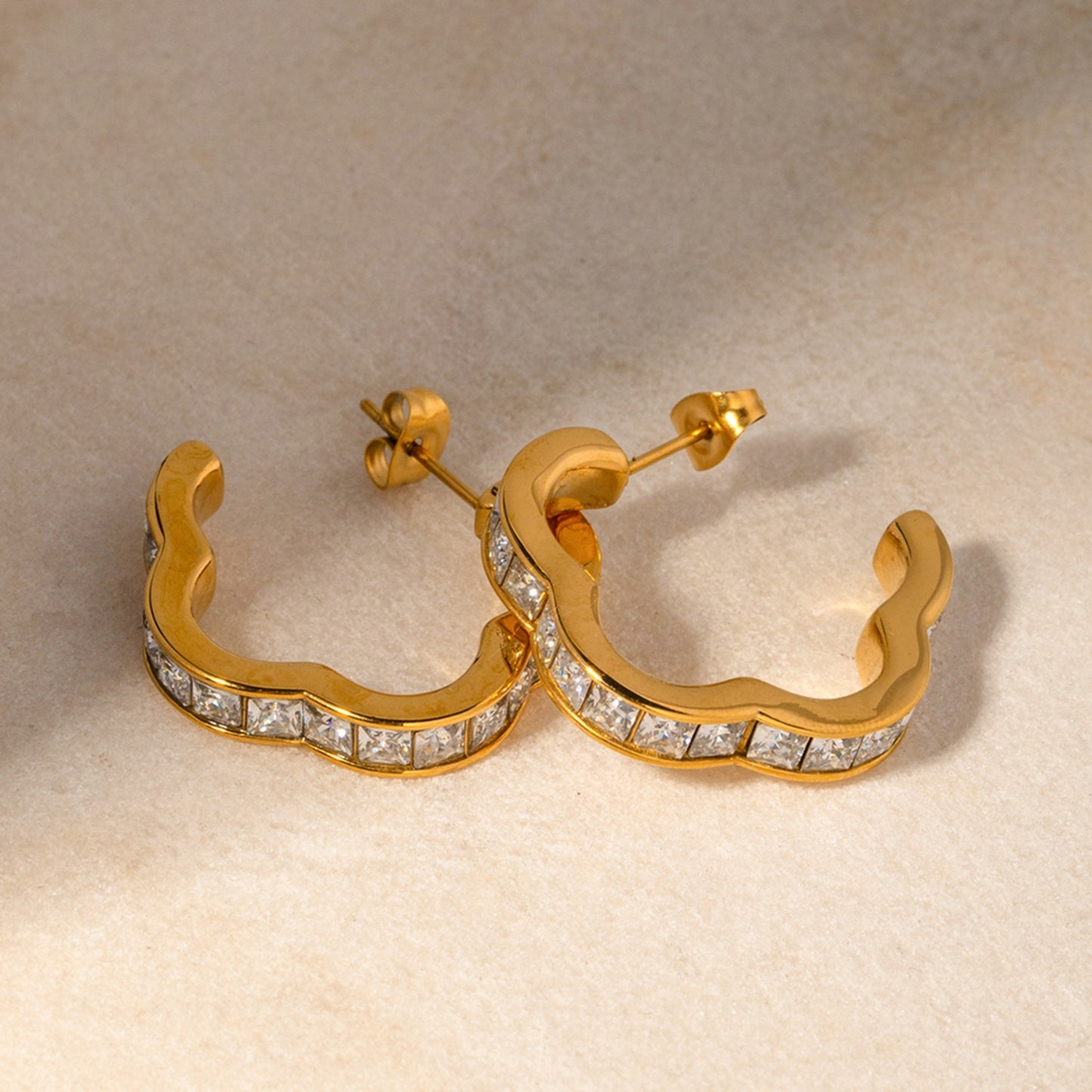 Stainless Steel Inlaid Zircon C-Hoop Earrings Gold One Size