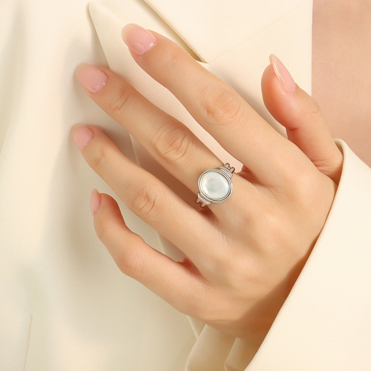 Titanium Steel White Sea Shell Ring Silver