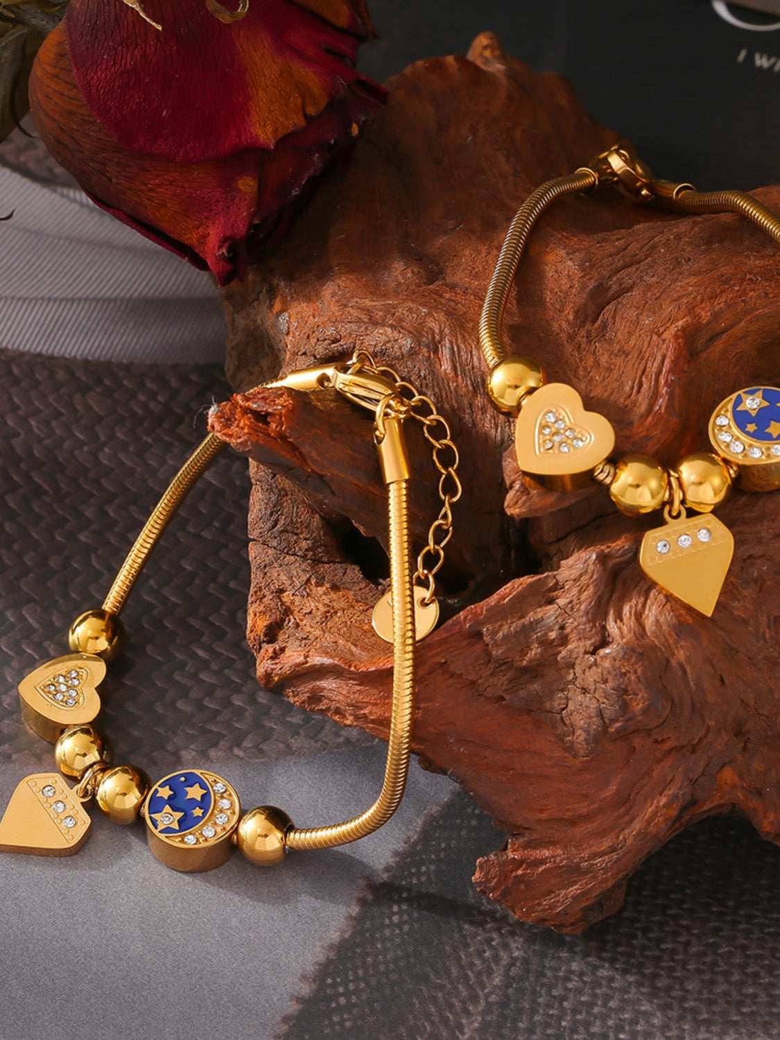 Stainless Steel Rhinestone Charm Bracelet Gold One Size