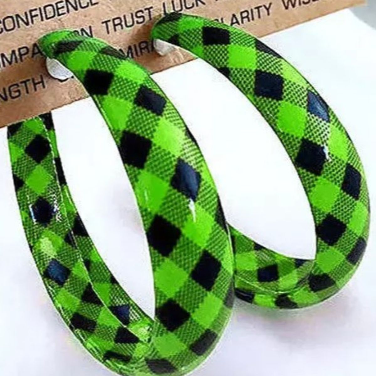 Plaid PU Leather Hoop Earrings Green One Size