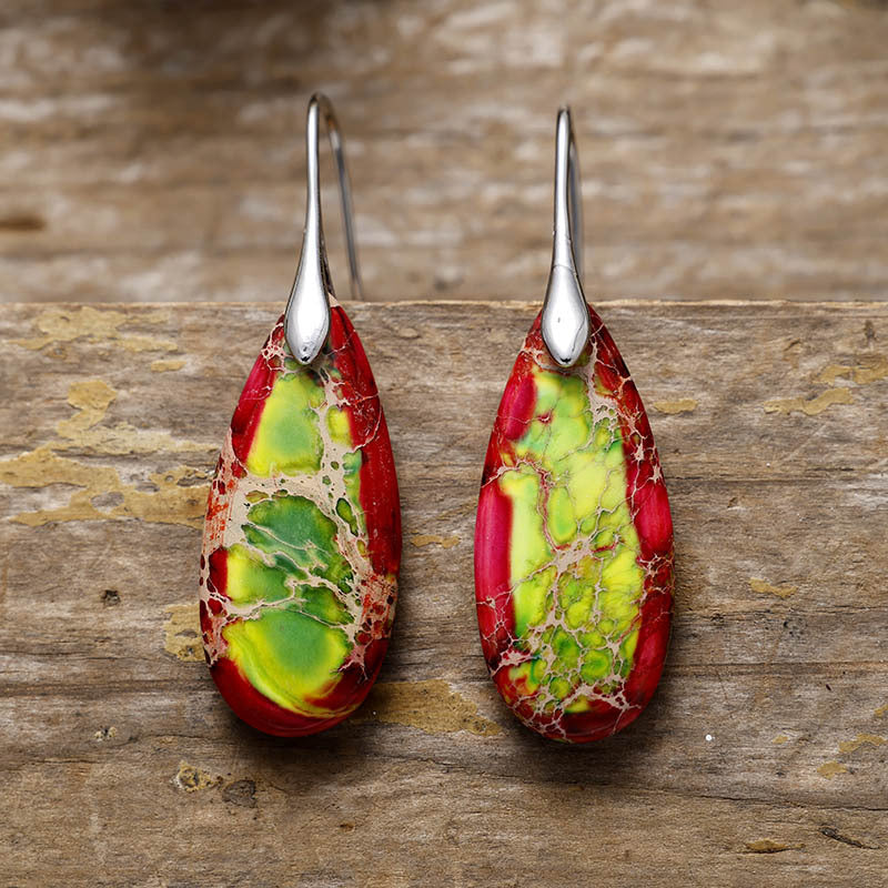 Teardrop Shape Natural Stone Dangle Earrings Red Green Silver One Size