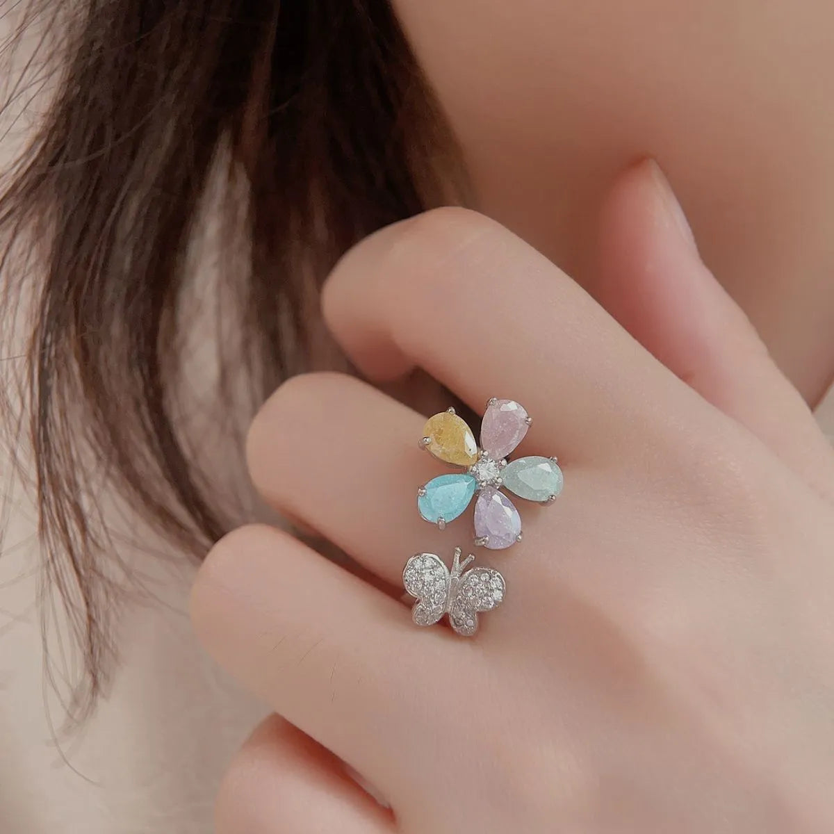 925 Sterling Silver Inlaid Zircon Flower & Butterfly Ring