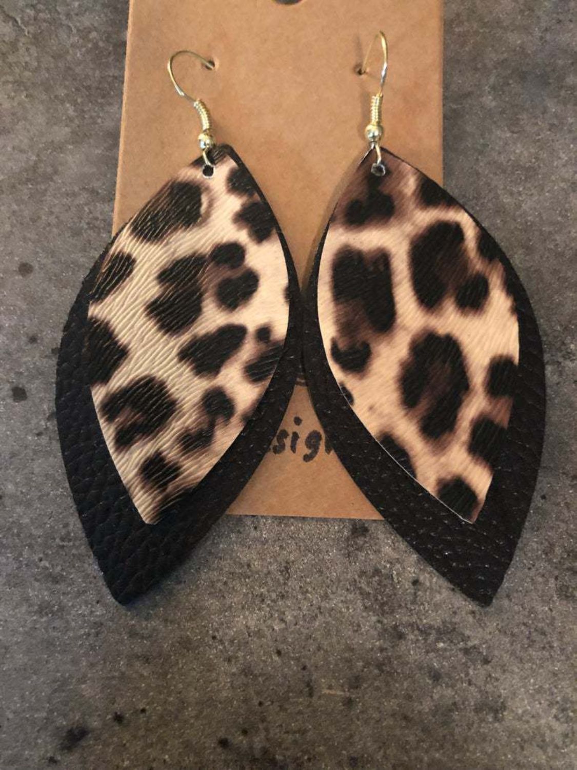 PU Leather Leaf Dangle Earrings Black Leopard One Size