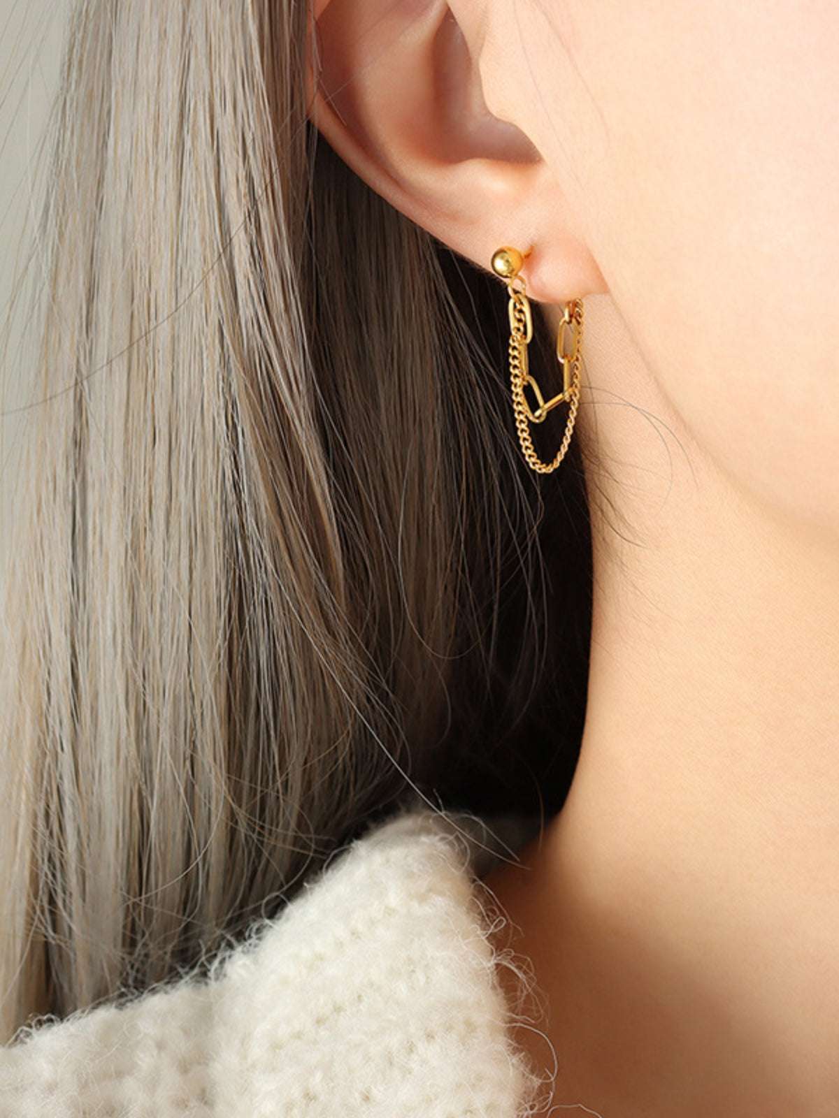 Titanium Steel Double Chain Earrings Gold One Size