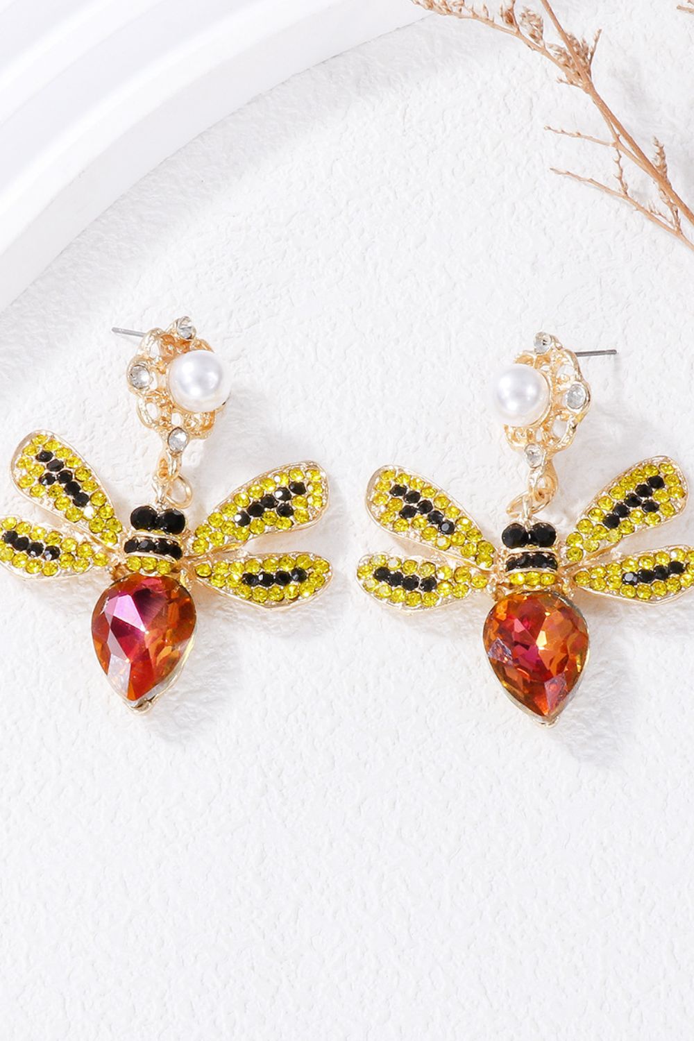 Natural Stone Bee Dangle Earrings Orange-Red One Size