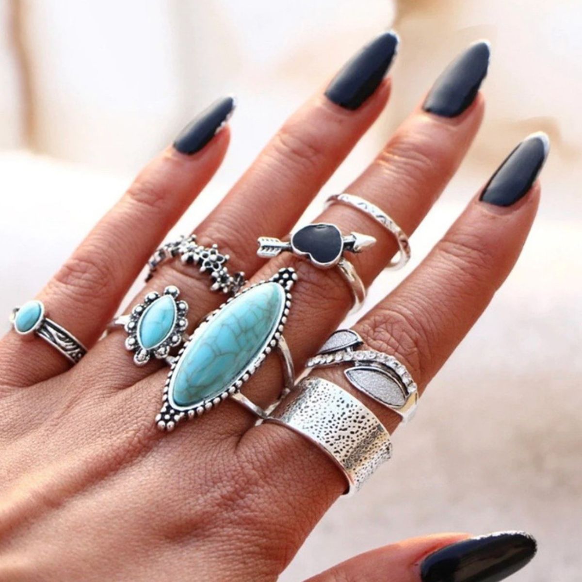Turquoise Alloy 8-Piece Ring Set Silver One Size
