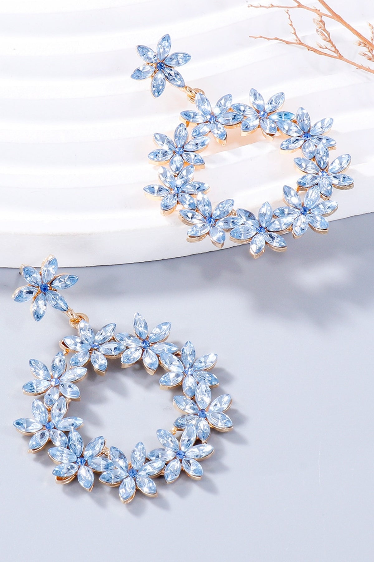 Rhinestone Flower Dangle Earrings Light Blue One Size