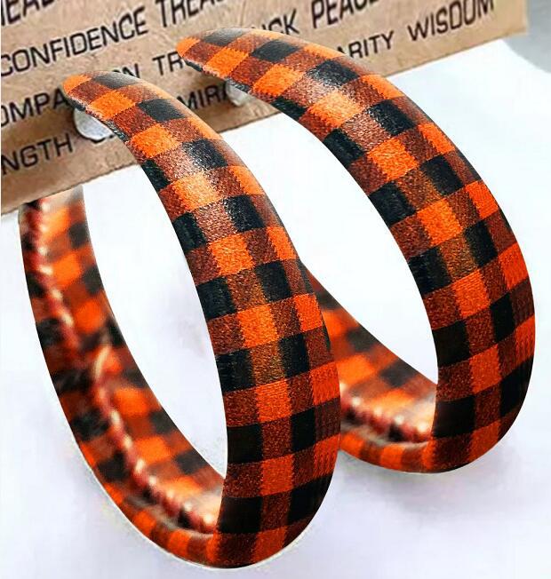 Plaid PU Leather Hoop Earrings Orange One Size
