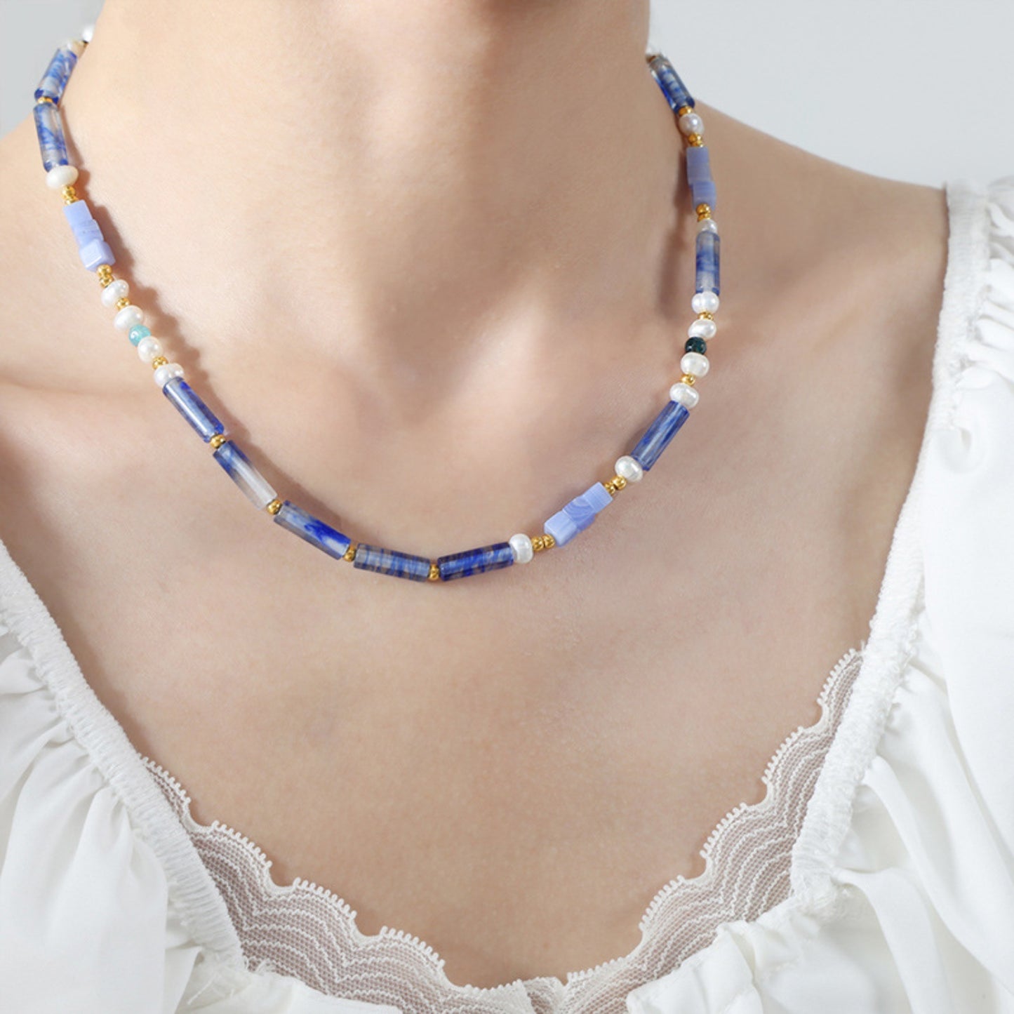 Freshwater Pearl Titanium Steel Geometric Bead Necklace Light Blue One Size