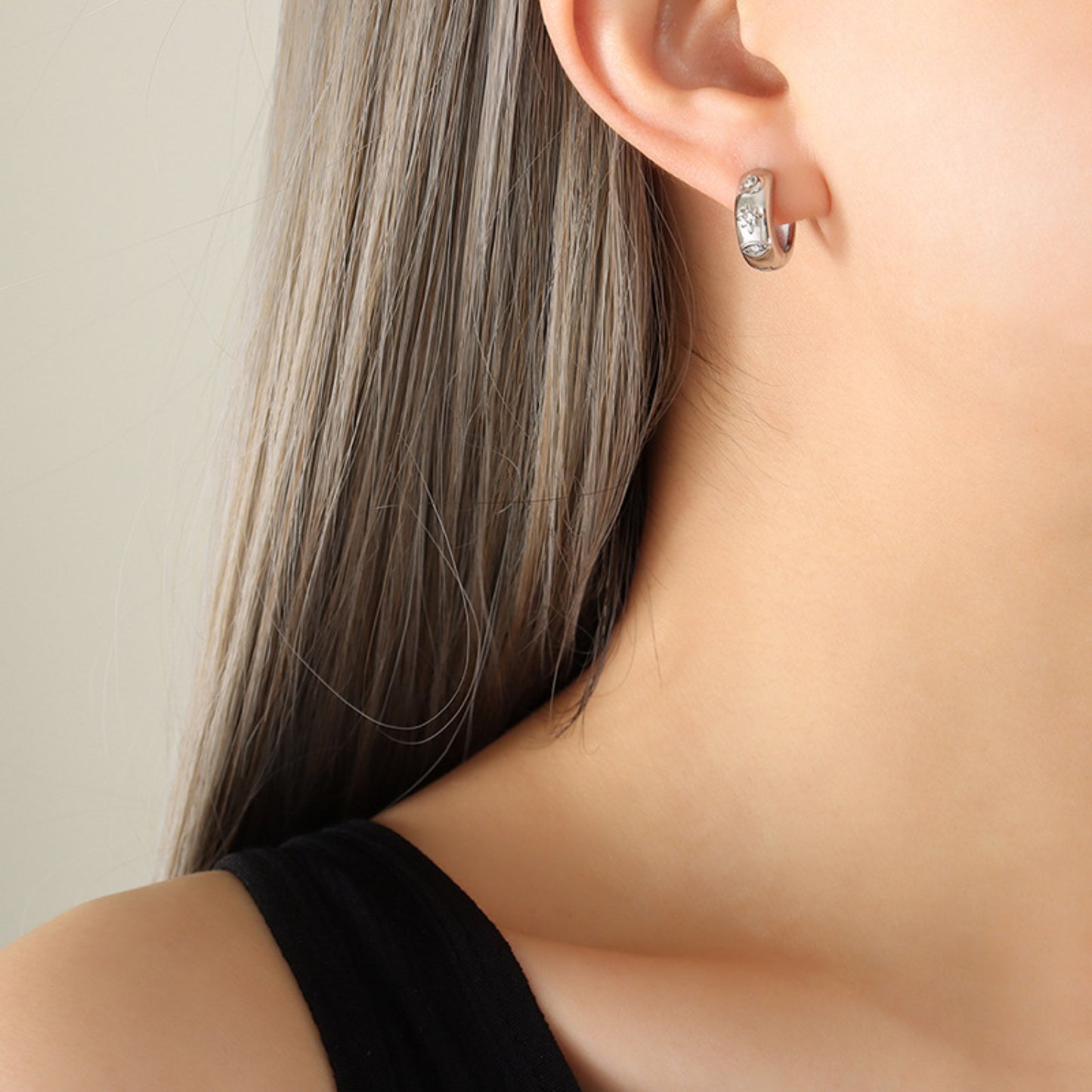 Zircon Titanium Steel Huggie Earrings Silver One Size