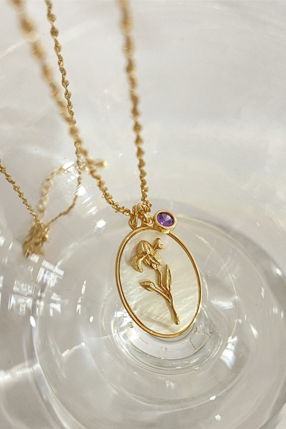 Flower Shell Pendant Copper Necklace February-Iris One Size