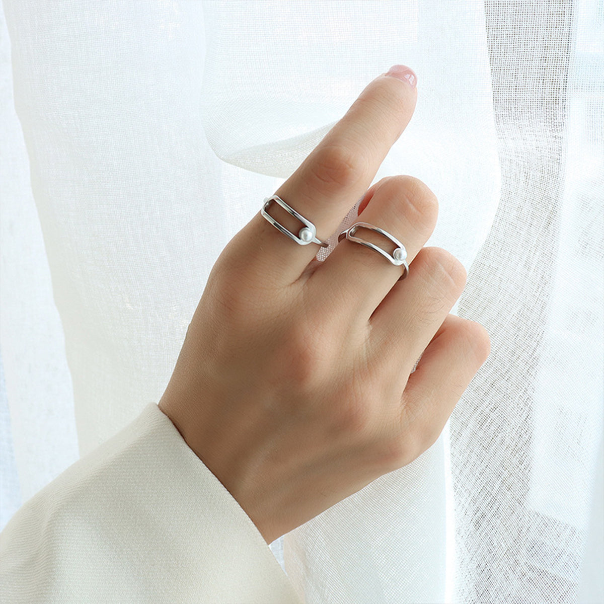 Synthetic Pearl Titanium Steel Ring Silver 7