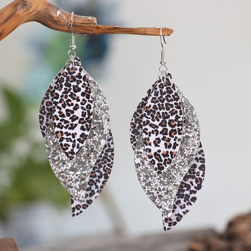 PU Leather Leopard Leaf Earrings Silver One Size
