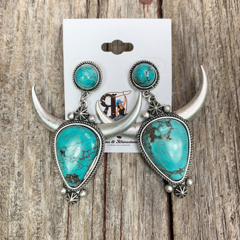 Artificial Turquoise Alloy Cow Head Earrings Turquoise One Size