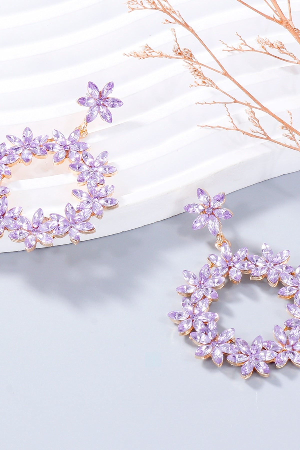 Rhinestone Flower Dangle Earrings Pink Purple One Size
