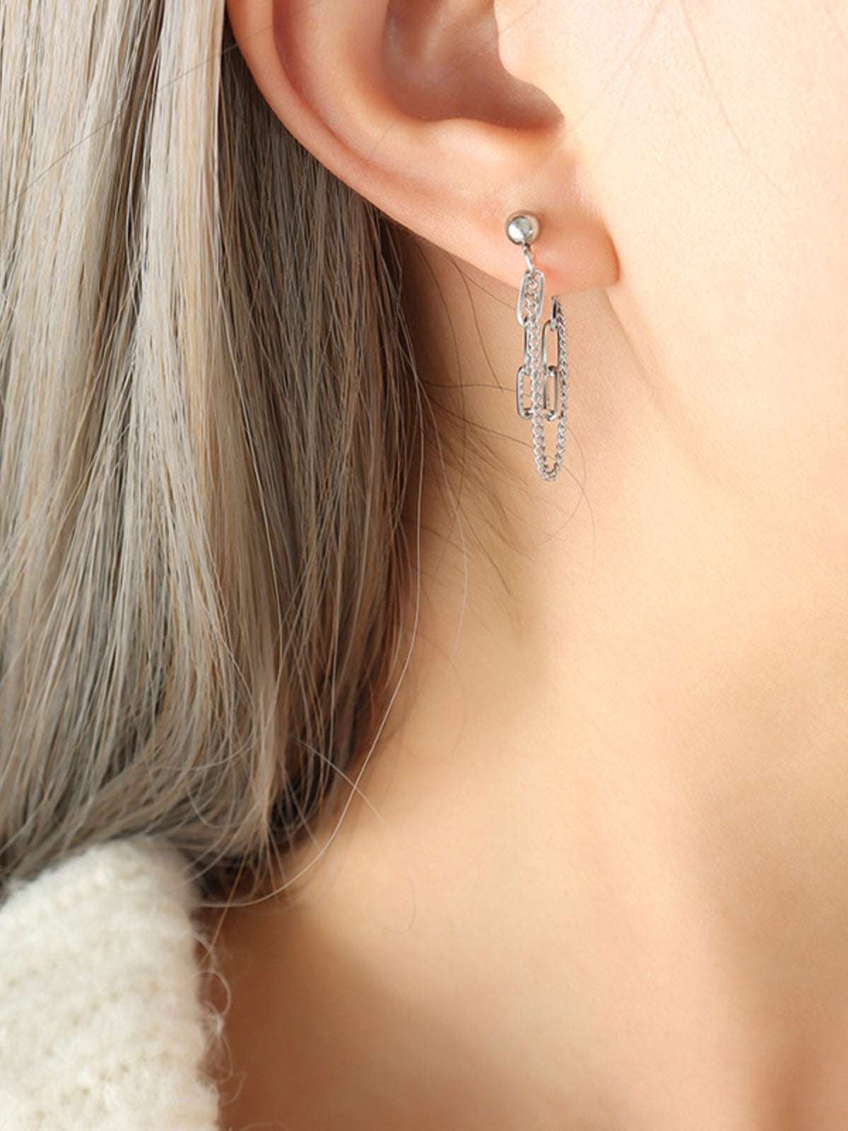 Titanium Steel Double Chain Earrings Silver One Size