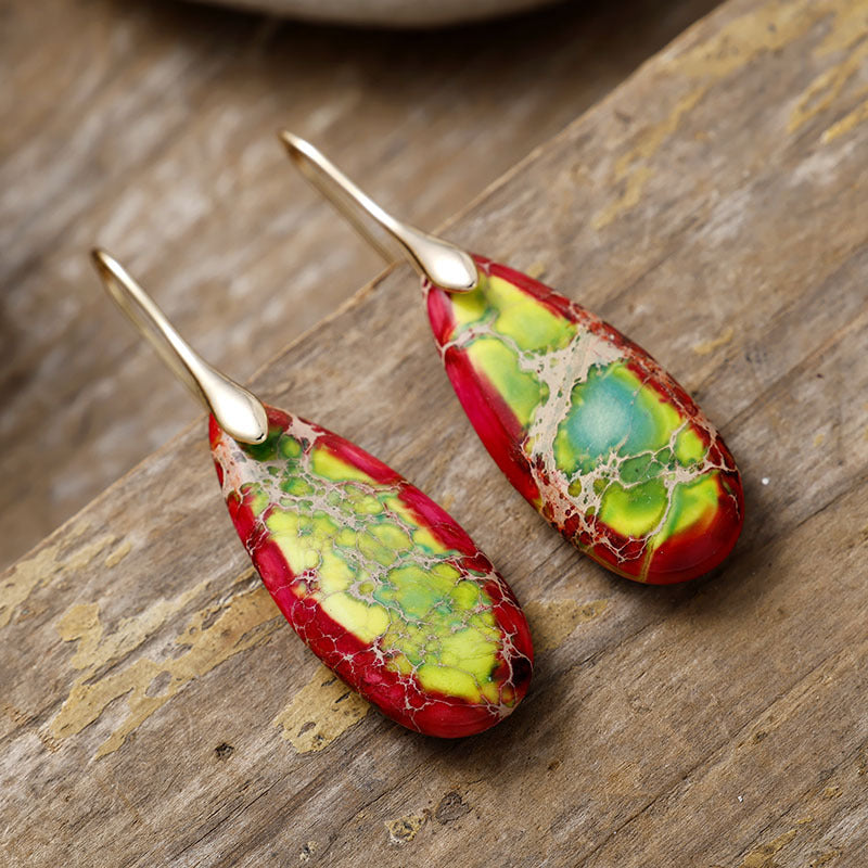 Teardrop Shape Natural Stone Dangle Earrings Red Green Gold One Size