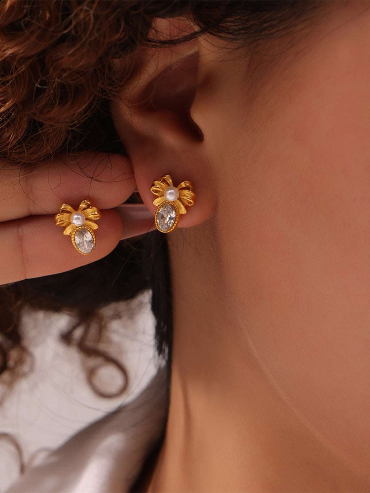 Titanium Steel Bow Stud Earrings Gold One Size