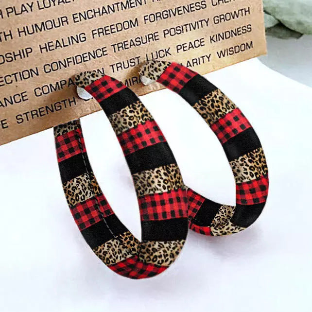 Plaid PU Leather Hoop Earrings Leopard One Size