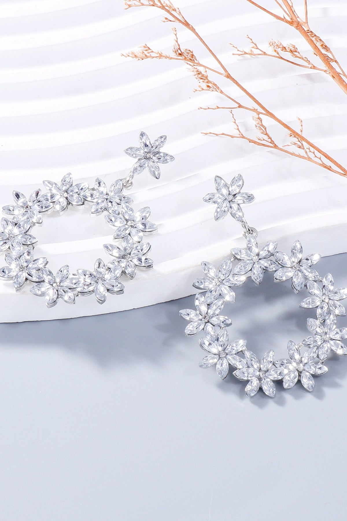 Rhinestone Flower Dangle Earrings Silver One Size