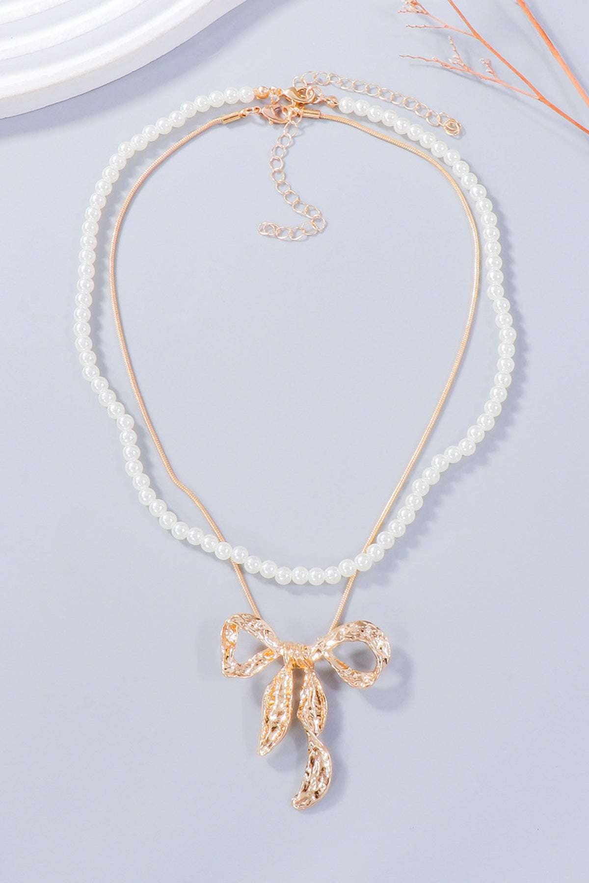 Synthetic Pearl Necklace, Bow Necklace and Bow Earrings Jewelry Set Gold One Size
