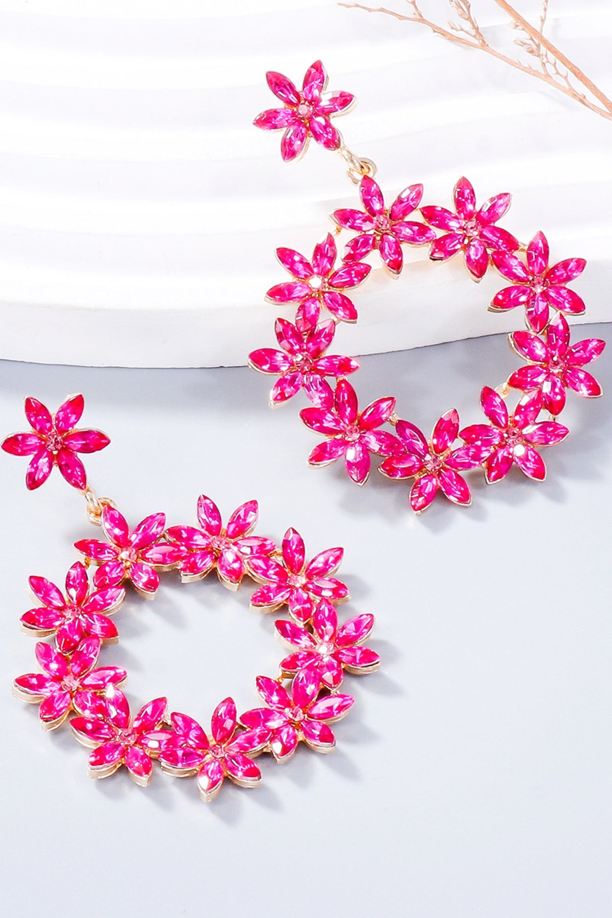 Rhinestone Flower Dangle Earrings Hot Pink One Size