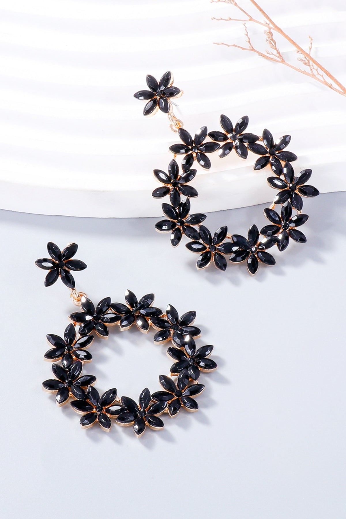 Rhinestone Flower Dangle Earrings Black One Size