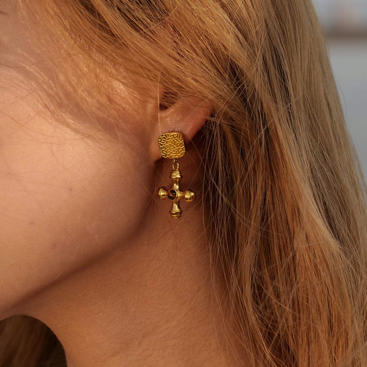 Gold-Plated Stainless Steel Cross Shape Earrings Style A One Size