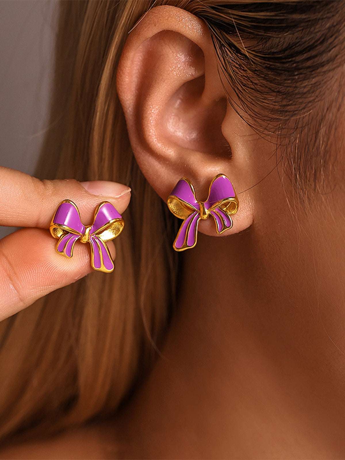Stainless Steel Oil Drip Bow Stud Earrings Vivid Violet One Size