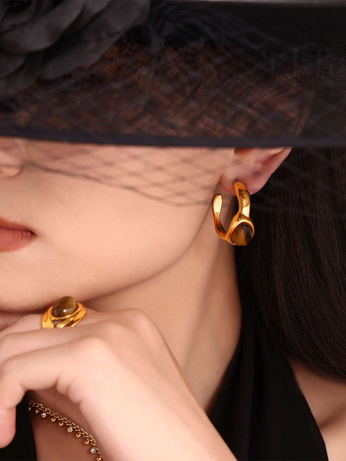 Stainless Steel Tigerite Ring and C-Hoop Earrings Set Gold 7