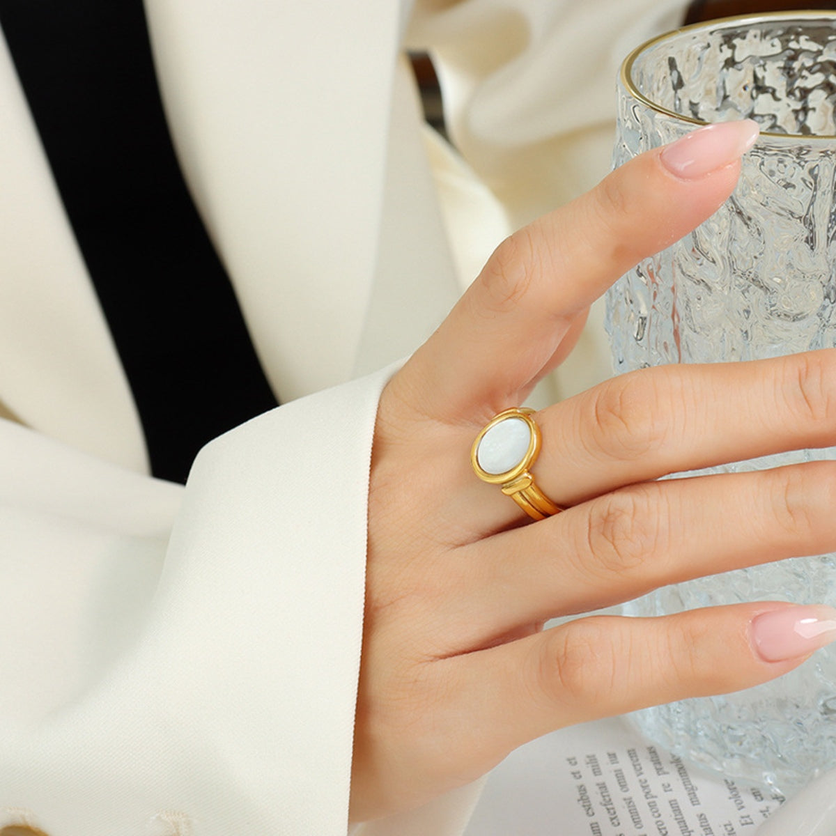 Titanium Steel White Sea Shell Ring Gold