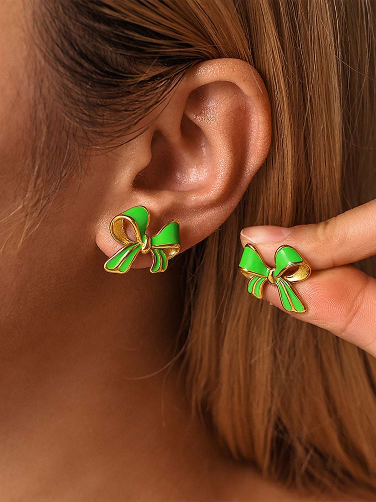 Stainless Steel Oil Drip Bow Stud Earrings Green One Size