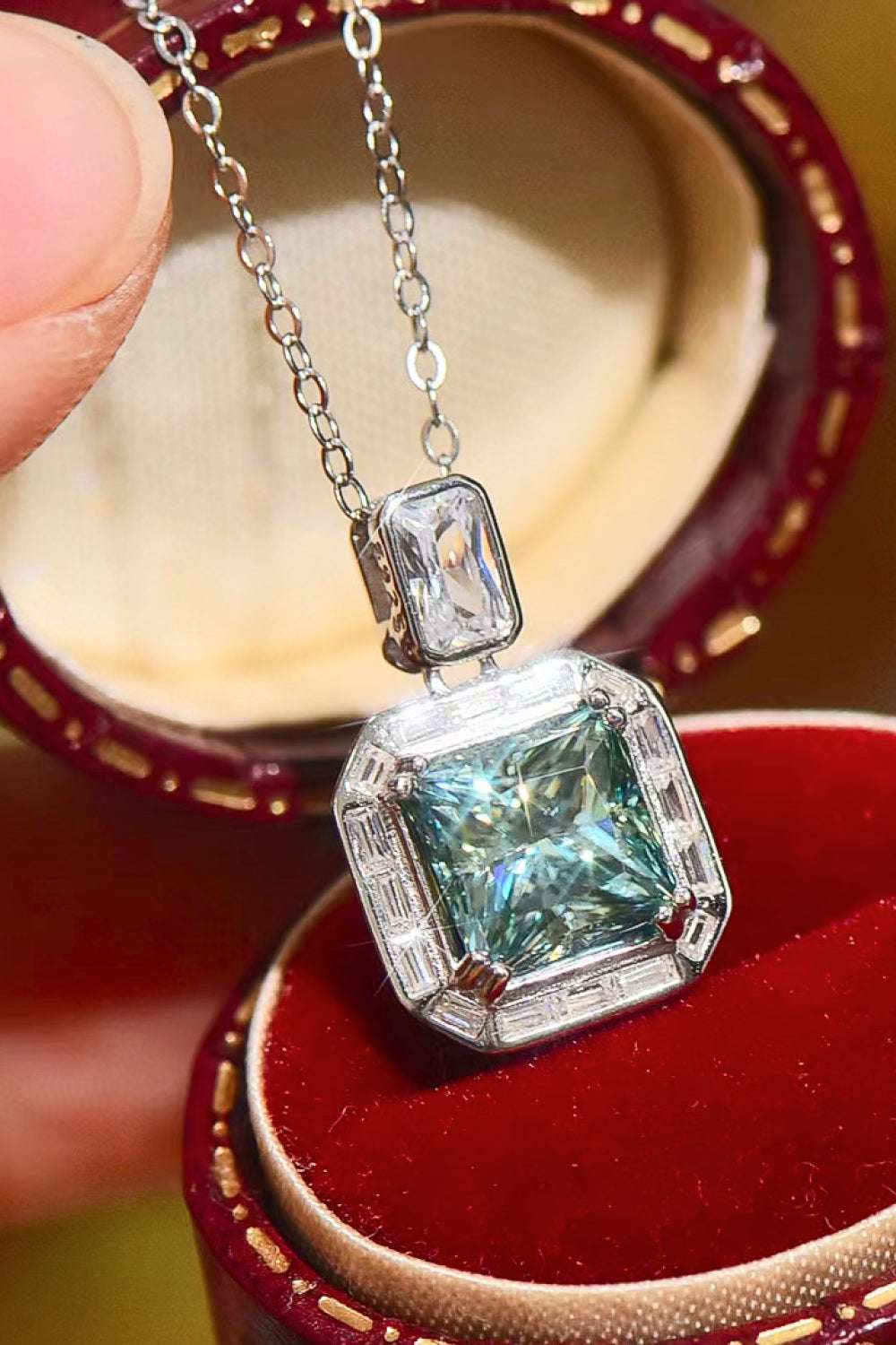 2 Carat Moissanite Square Pendant Necklace Teal One Size