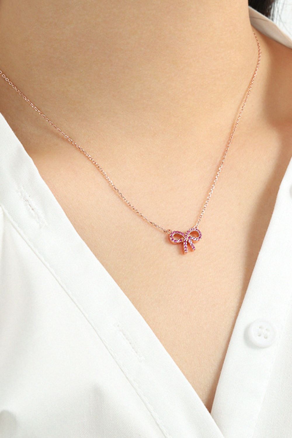 925 Sterling Silver Bow Necklace Rose Gold One Size
