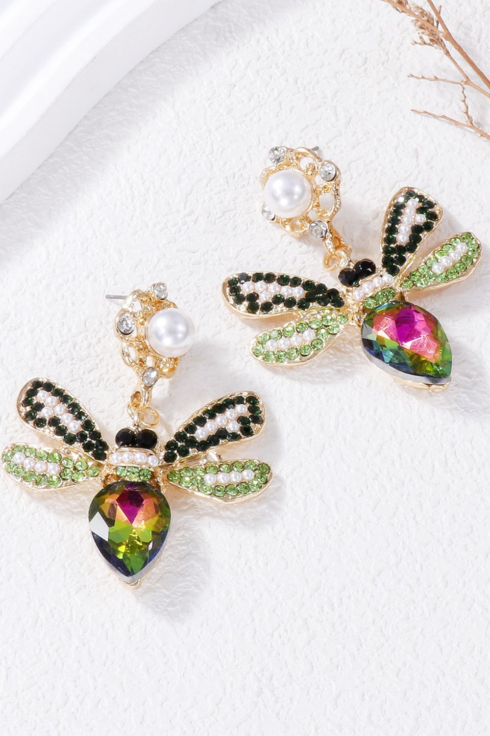 Natural Stone Bee Dangle Earrings Green One Size