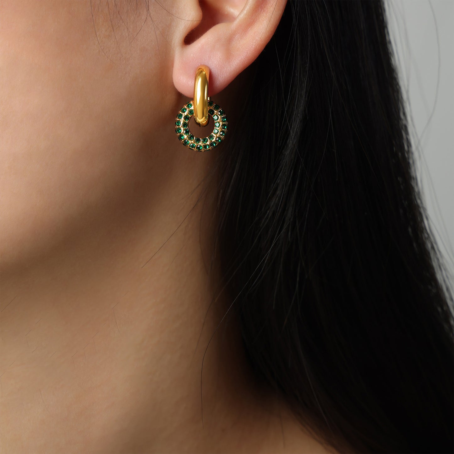 Titanium Steel Inlaid Zircon Double-Hoop Earrings Dark Green One Size
