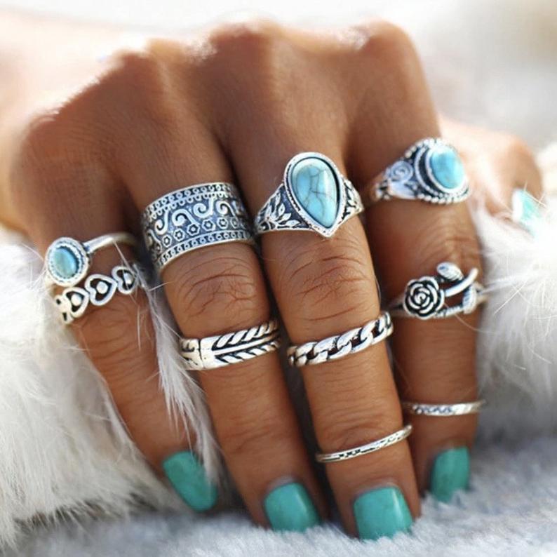 Artificial Turquoise Alloy Ring 10-Piece Set Silver One Size